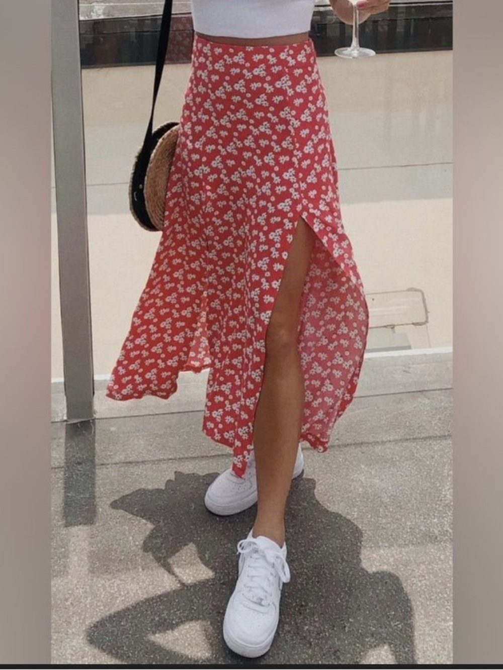 Zara Red Floral High-Slit Maxi Skirt